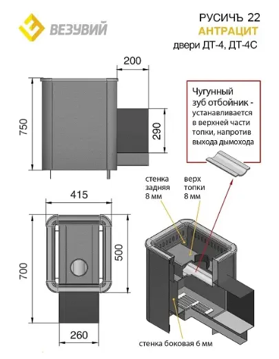 Везувий Русичъ Антрацит 22 (ДТ-4С) со стеклом — фото 2